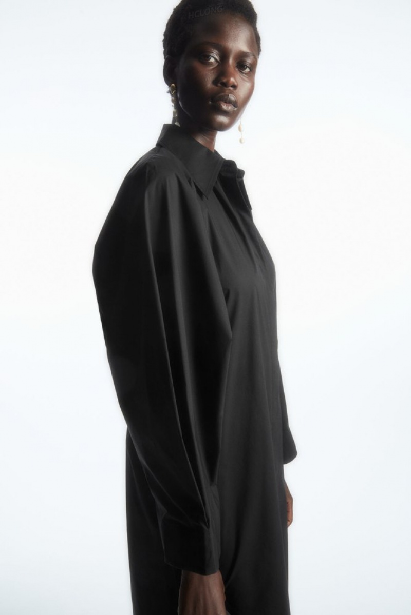 COS Voluminous Belted Midi Shirt Dress Women's Dresses Black | MS35-B3EF