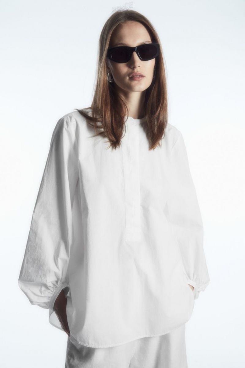 COS Voluminous Cotton Blouse Women's Shirts & Blouses White | SI69-E9XK