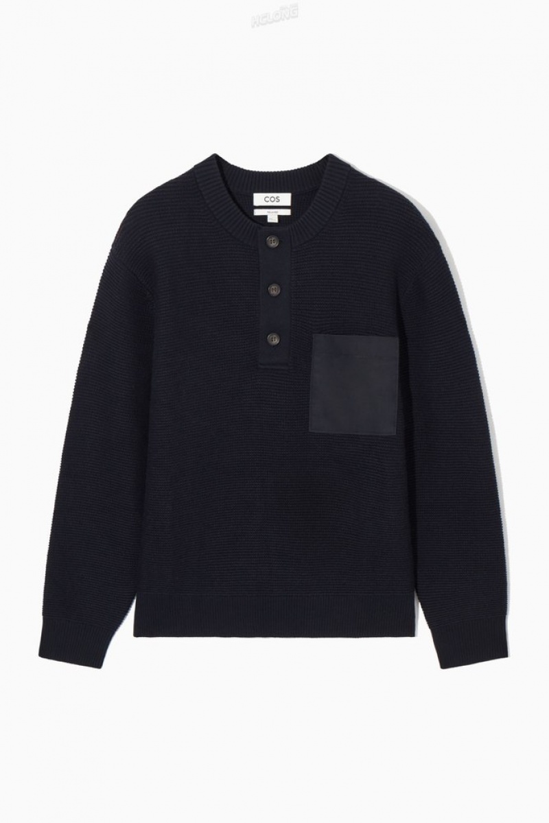 COS Waffle-Knit Henley Sweater Men's Sweaters & Cardigans Navy | UL88-S9JK