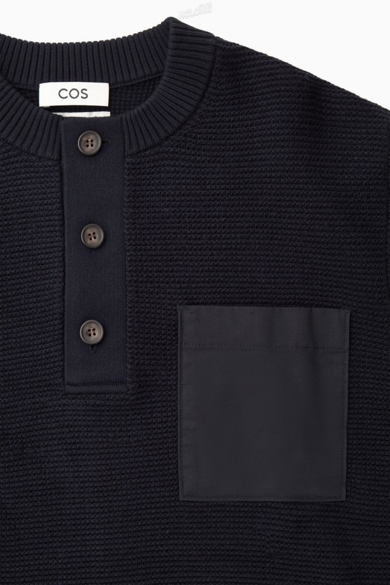 COS Waffle-Knit Henley Sweater Men's Sweaters & Cardigans Navy | UL88-S9JK