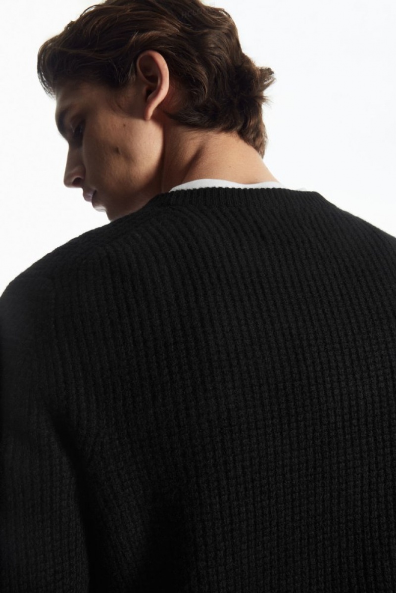 COS Waffle-Knit Pure Cashmere Jumper Men's Knitwear Black | WU48-B7CQ