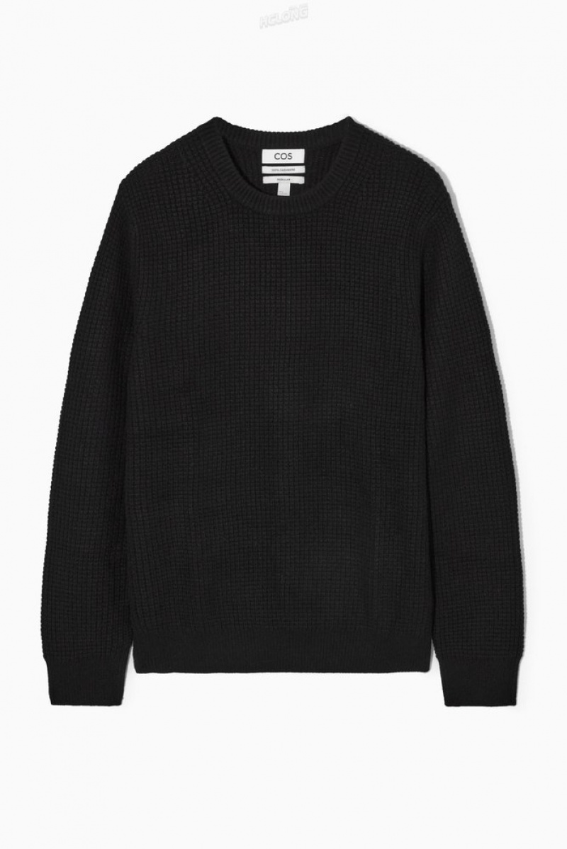 COS Waffle-Knit Pure Cashmere Jumper Men's Knitwear Black | WU48-B7CQ