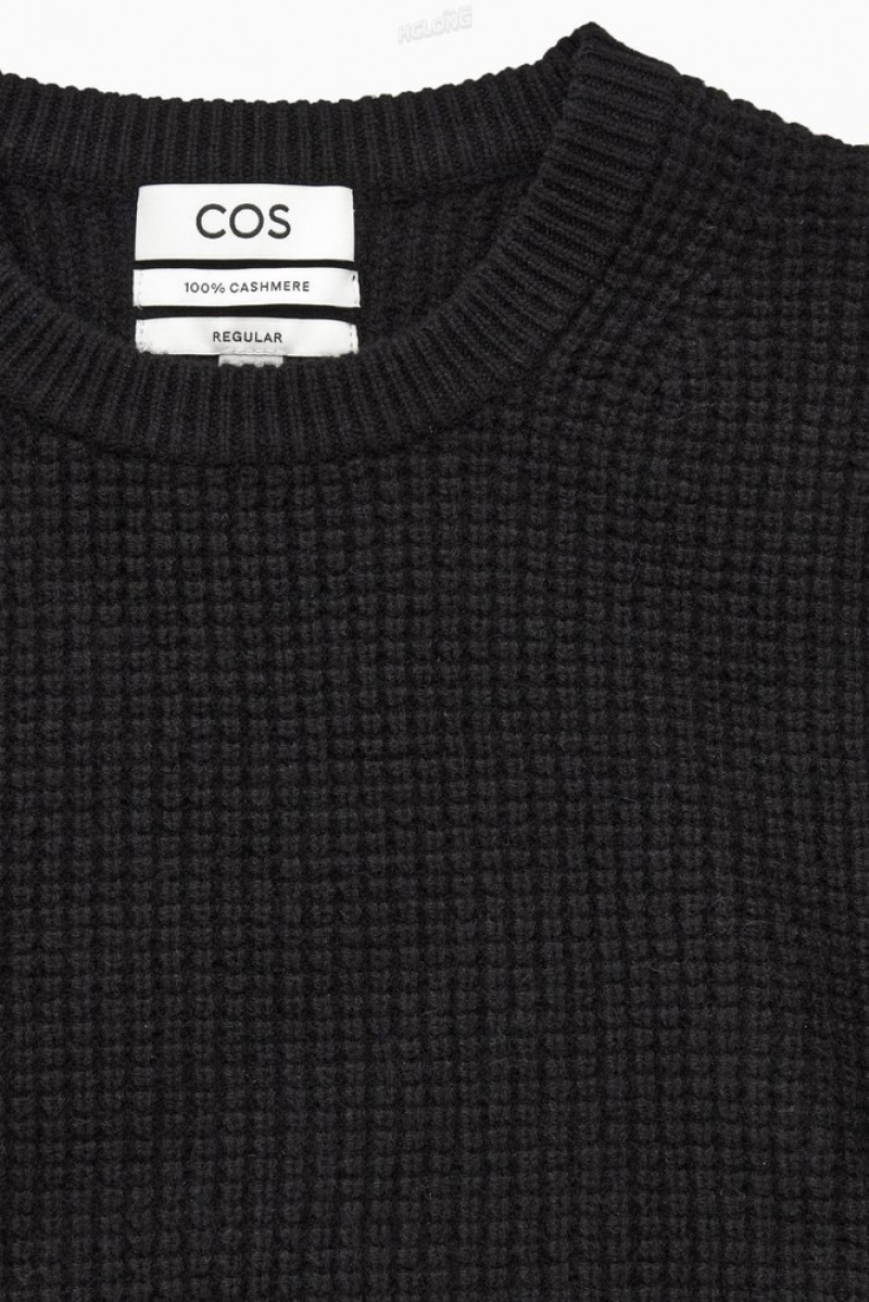 COS Waffle-Knit Pure Cashmere Jumper Men's Knitwear Black | WU48-B7CQ