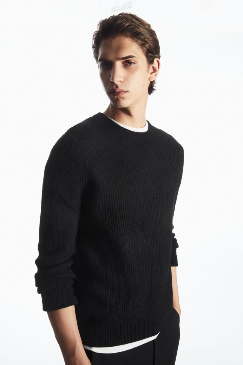 COS Waffle-Knit Pure Cashmere Jumper Men\'s Knitwear Black | WU48-B7CQ