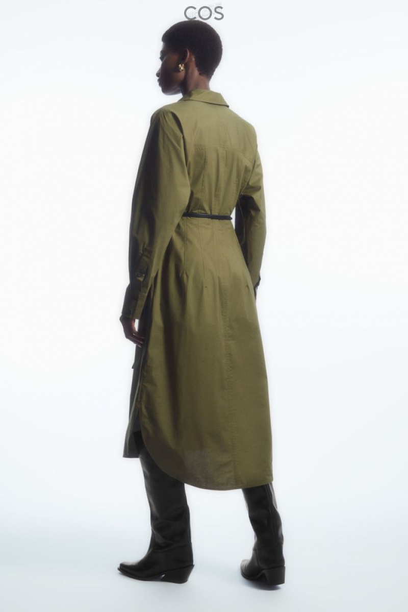 COS Waisted Midi Shirt Dress Women's Dresses Khaki Green | LJ12-T6NW