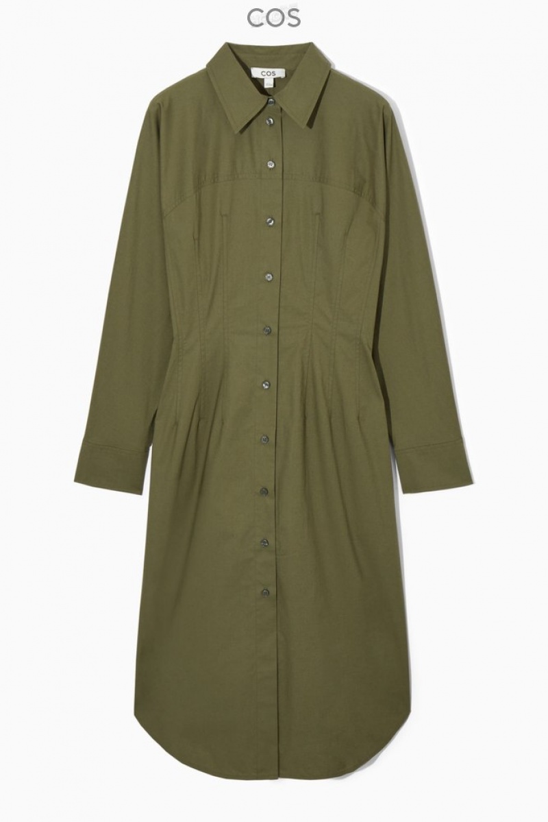 COS Waisted Midi Shirt Dress Women's Dresses Khaki Green | LJ12-T6NW