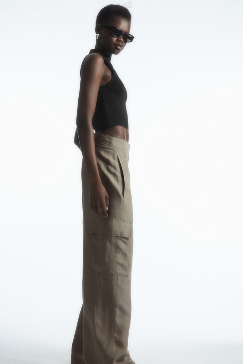 COS Wide-Leg Linen-Blend Cargo Pants Women's Pants Stone | KZ26-T1FJ