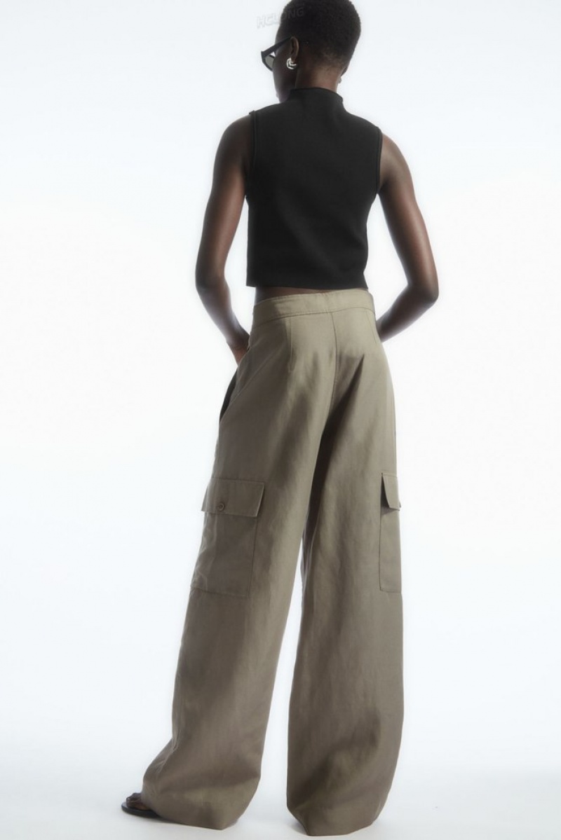 COS Wide-Leg Linen-Blend Cargo Pants Women's Pants Stone | KZ26-T1FJ