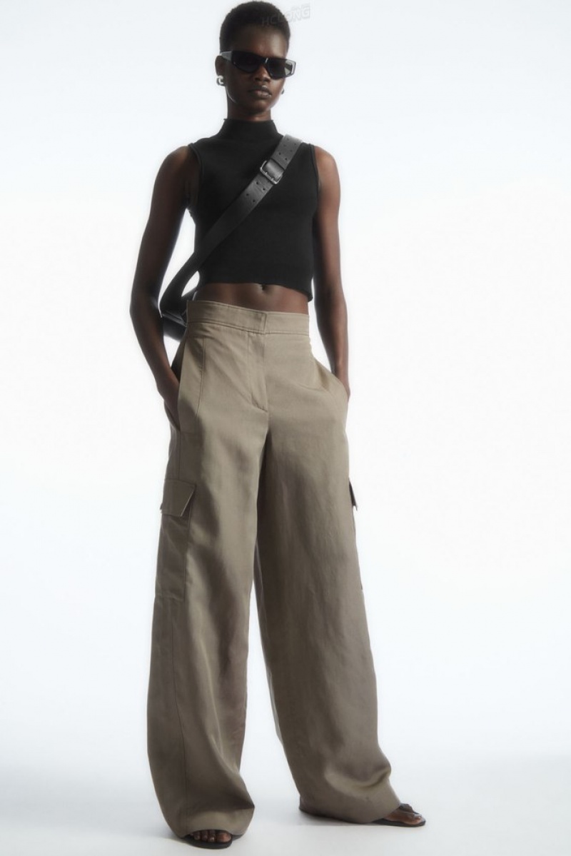 COS Wide-Leg Linen-Blend Cargo Pants Women\'s Pants Stone | KZ26-T1FJ