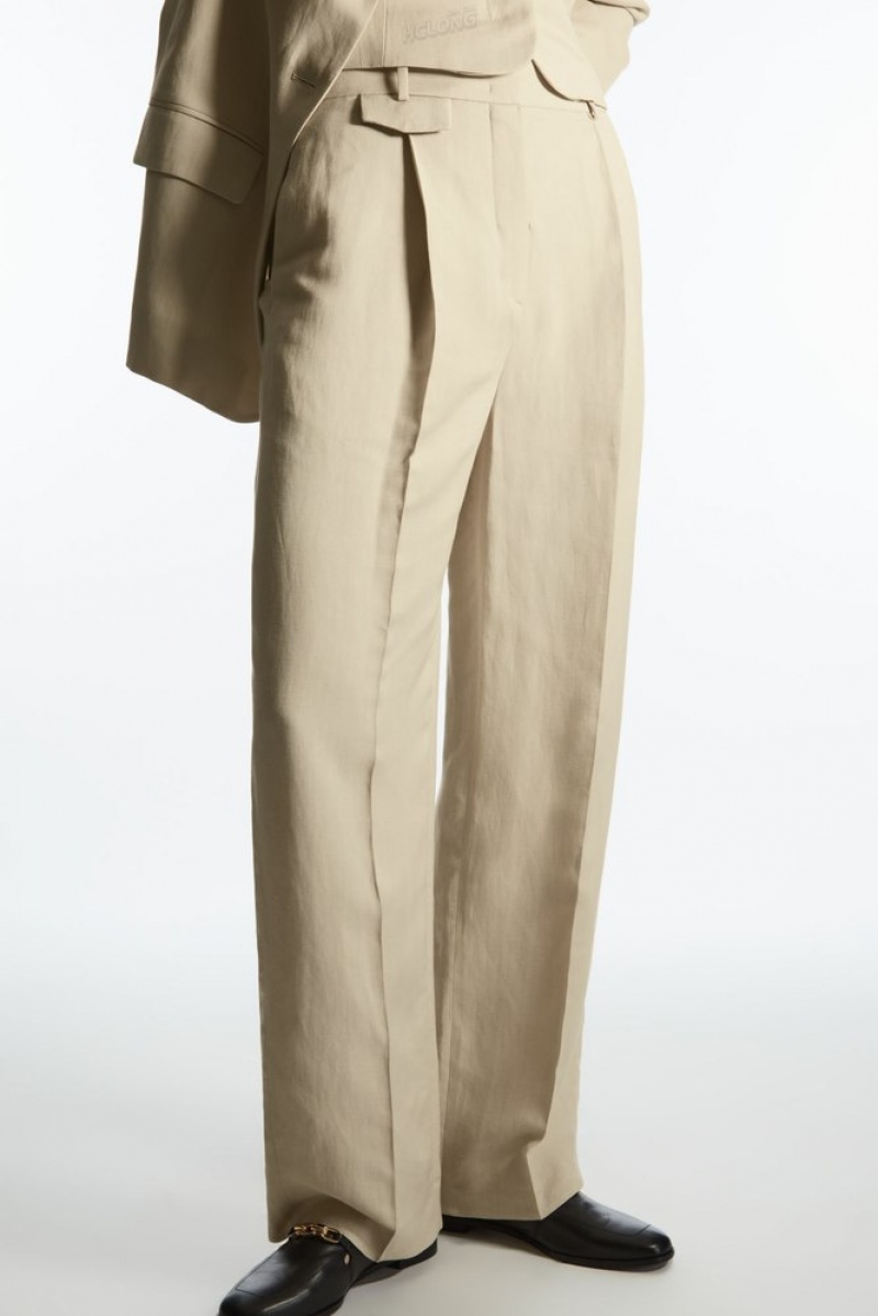 COS Wide-Leg Pleated Linen-Blend Pants Women's Pants Beige | WW06-U0GW