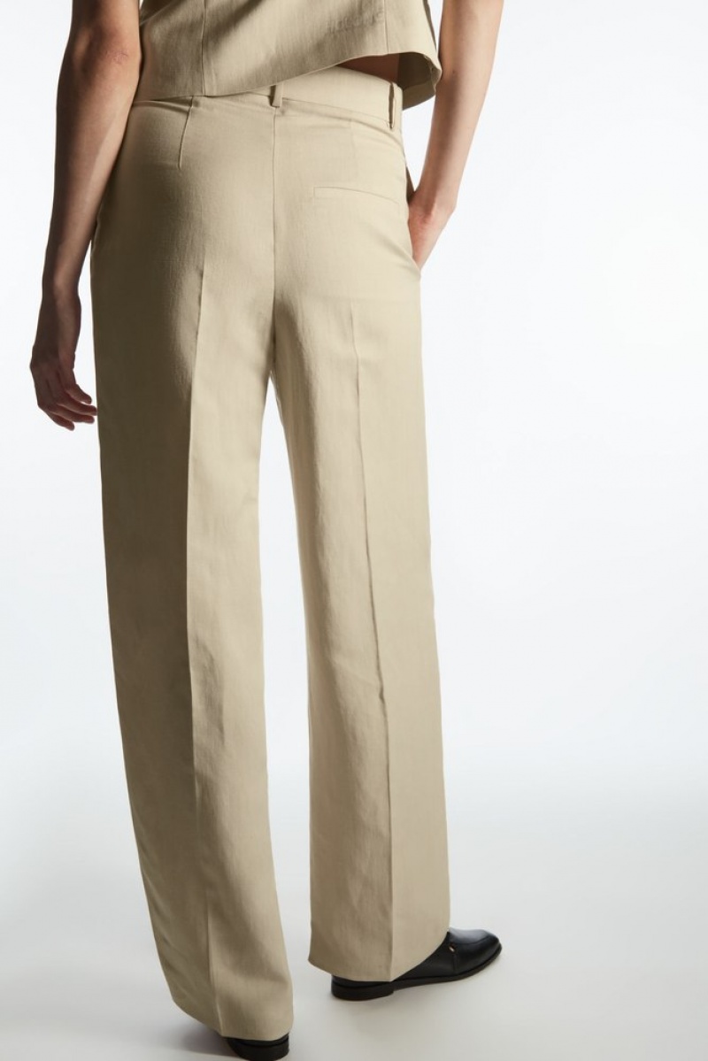 COS Wide-Leg Pleated Linen-Blend Pants Women's Pants Beige | WW06-U0GW