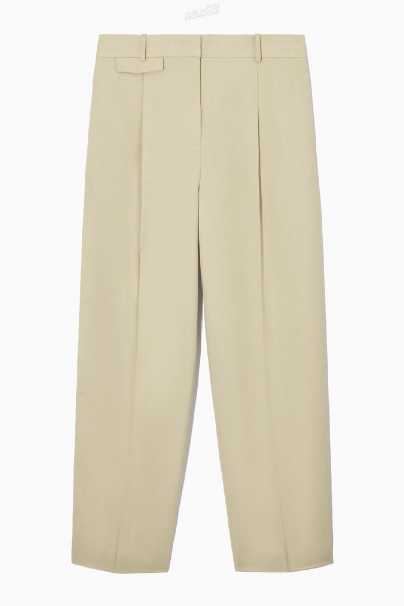 COS Wide-Leg Pleated Linen-Blend Pants Women's Pants Beige | WW06-U0GW