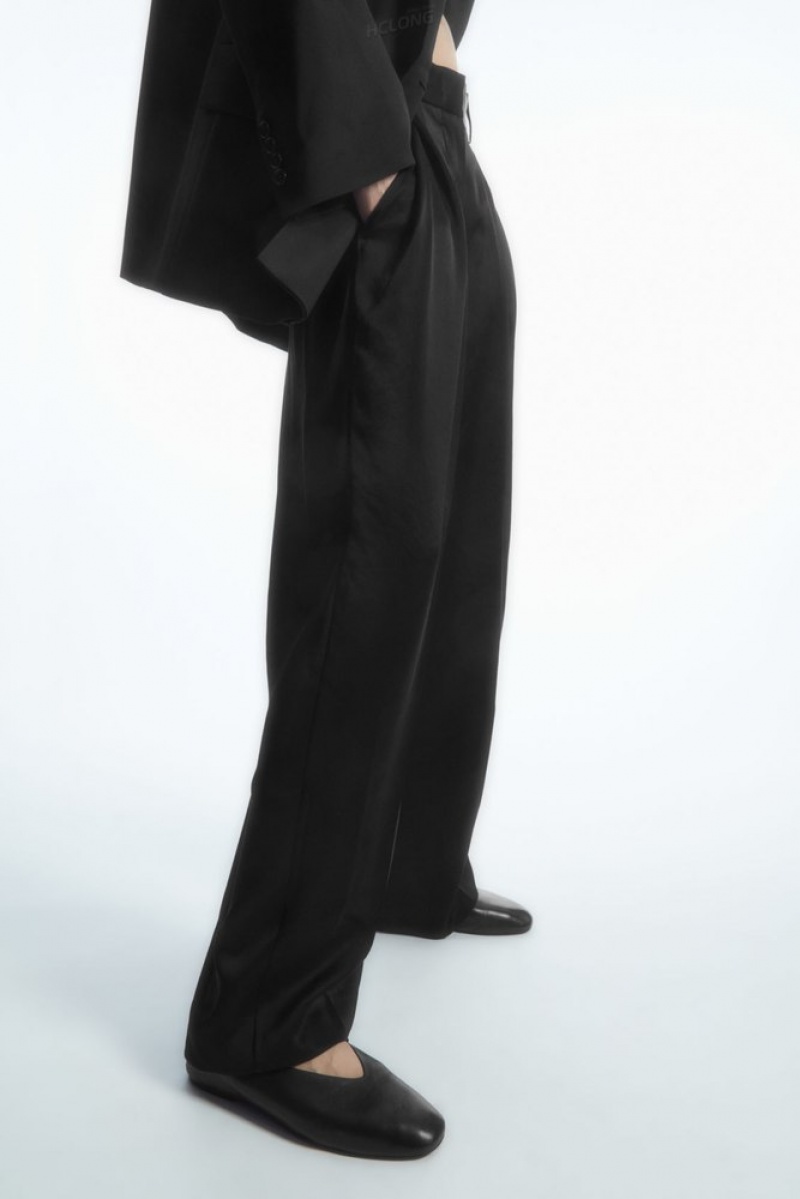 COS Wide-Leg Pleated Satin Trousers Women's Pants Black | BJ70-N9OS