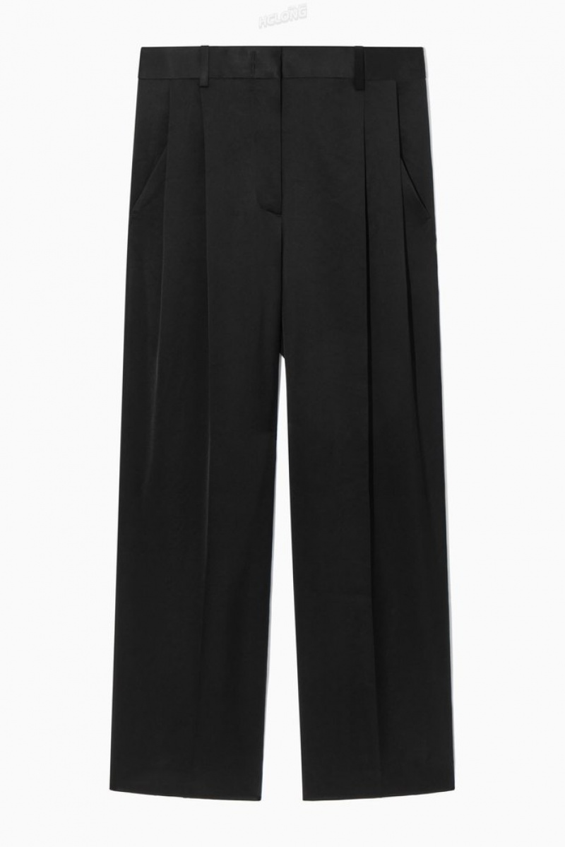 COS Wide-Leg Pleated Satin Trousers Women's Pants Black | BJ70-N9OS