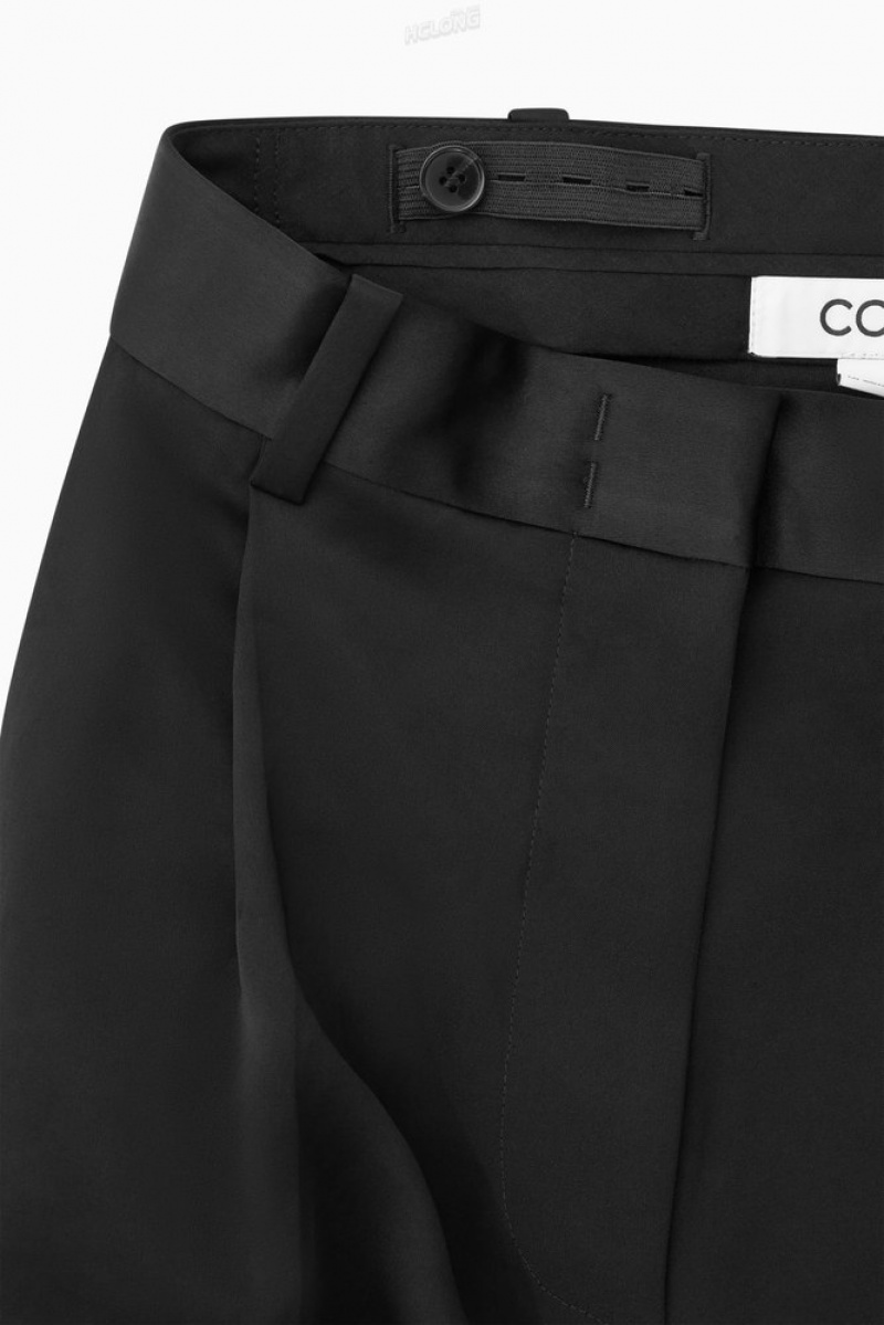 COS Wide-Leg Pleated Satin Trousers Women's Pants Black | BJ70-N9OS