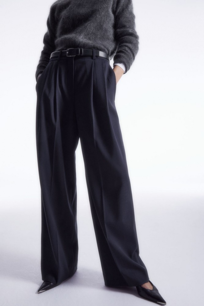 COS Wide-Leg Tailored Wool Pants Women's Pants Navy | JA70-O0XL