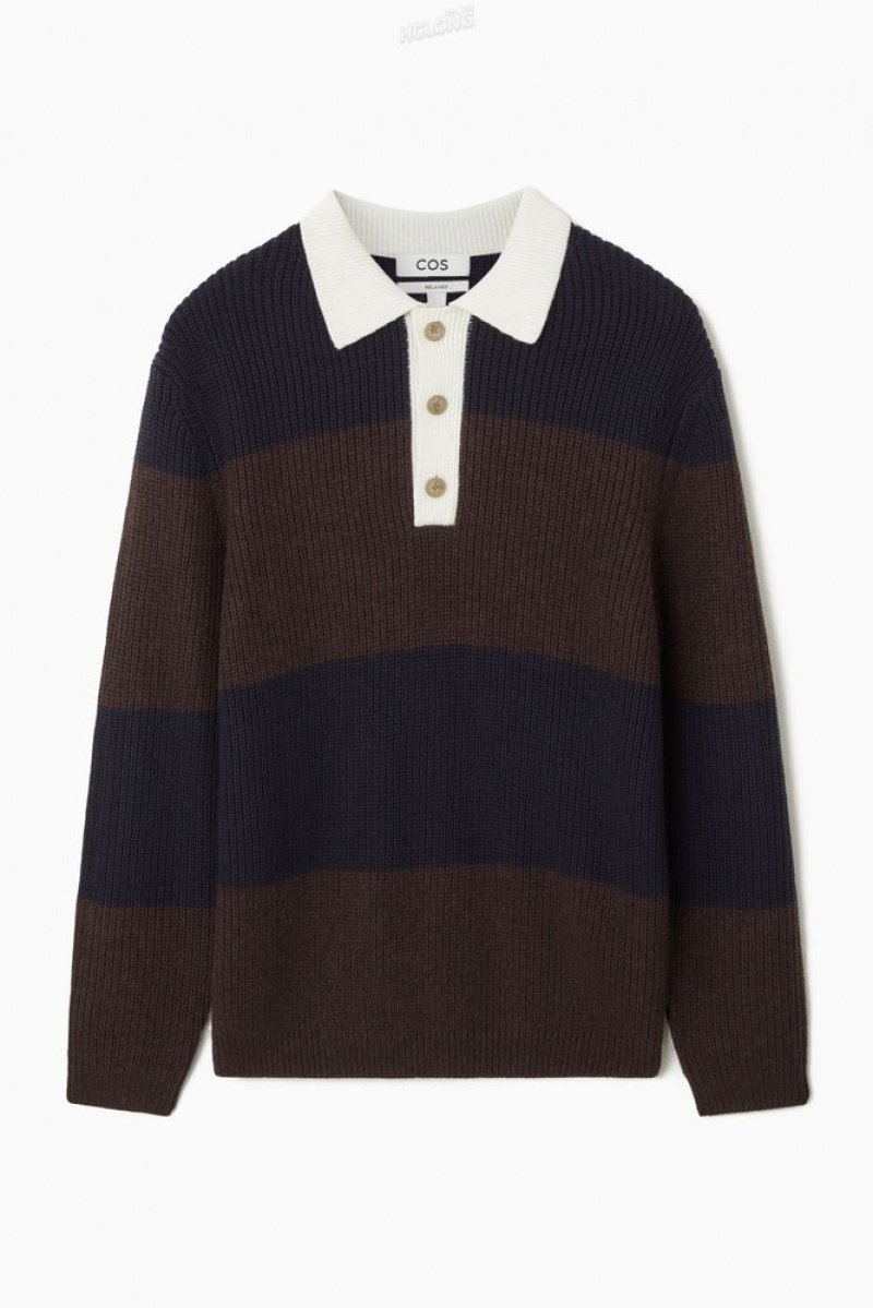 COS Wool-Blend Rugby Polo Shirt Men's Knitwear Navy / Brown / Striped | CA44-I8FZ