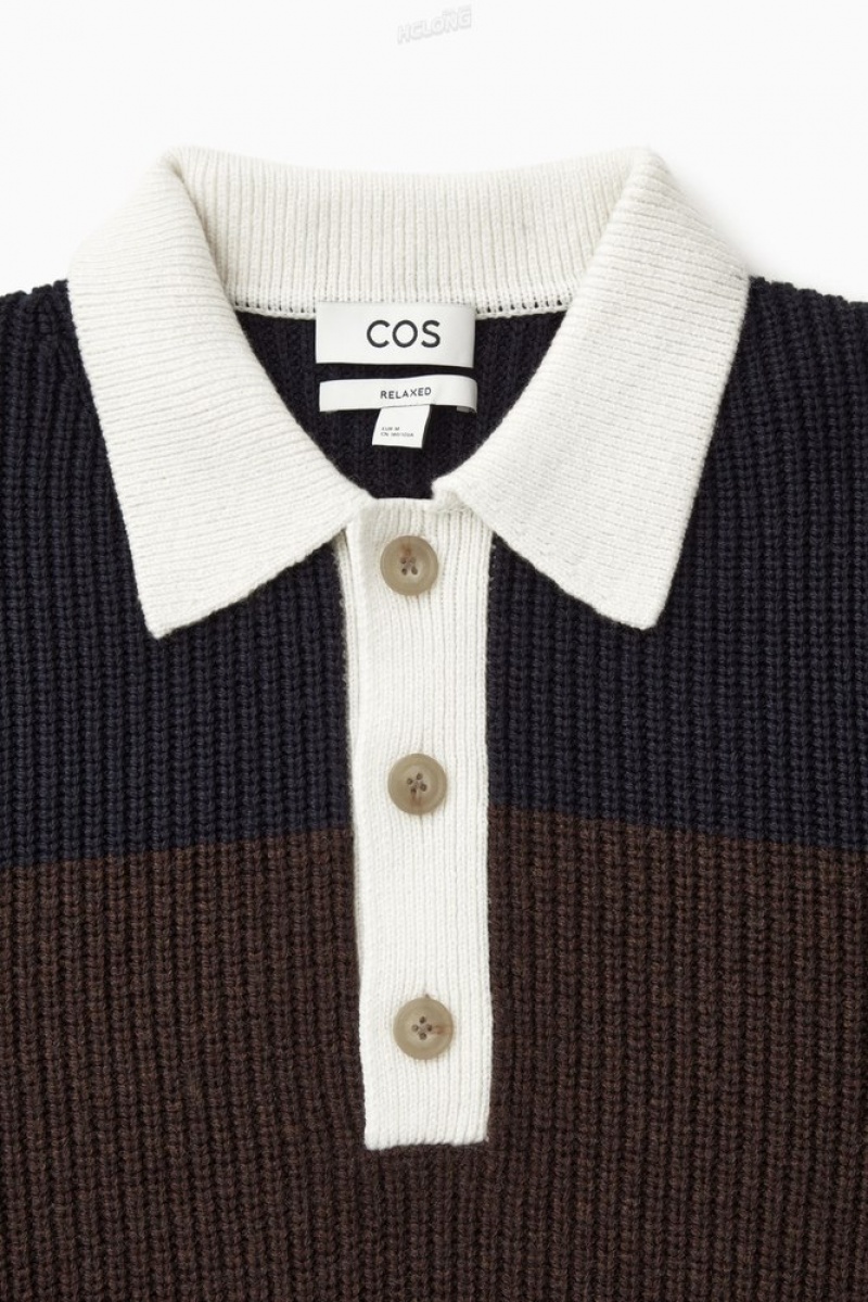 COS Wool-Blend Rugby Polo Shirt Men's Knitwear Navy / Brown / Striped | CA44-I8FZ