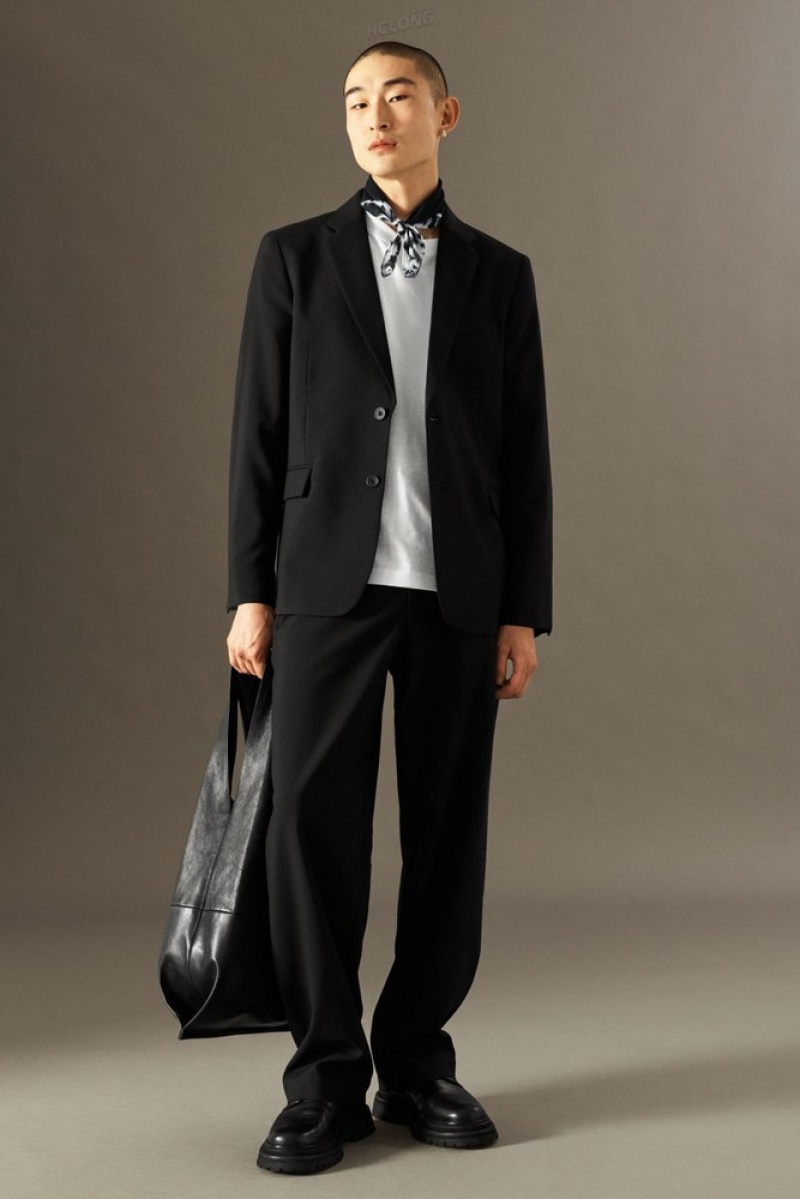 COS Wool-Hopsack Pants - Wide Men's Suit Pants Black | QL52-O7IU