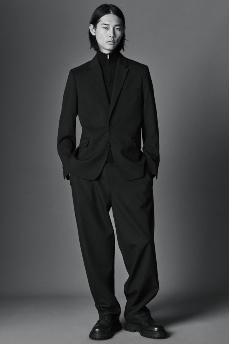 COS Wool-Hopsack Pants - Wide Men's Suit Pants Black | QL52-O7IU