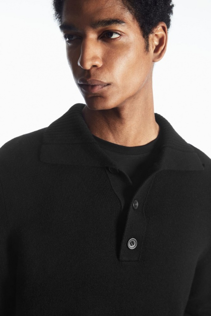 COS Wool And Cashmere Polo Shirt Men's Knitwear Black | YK12-M3TL