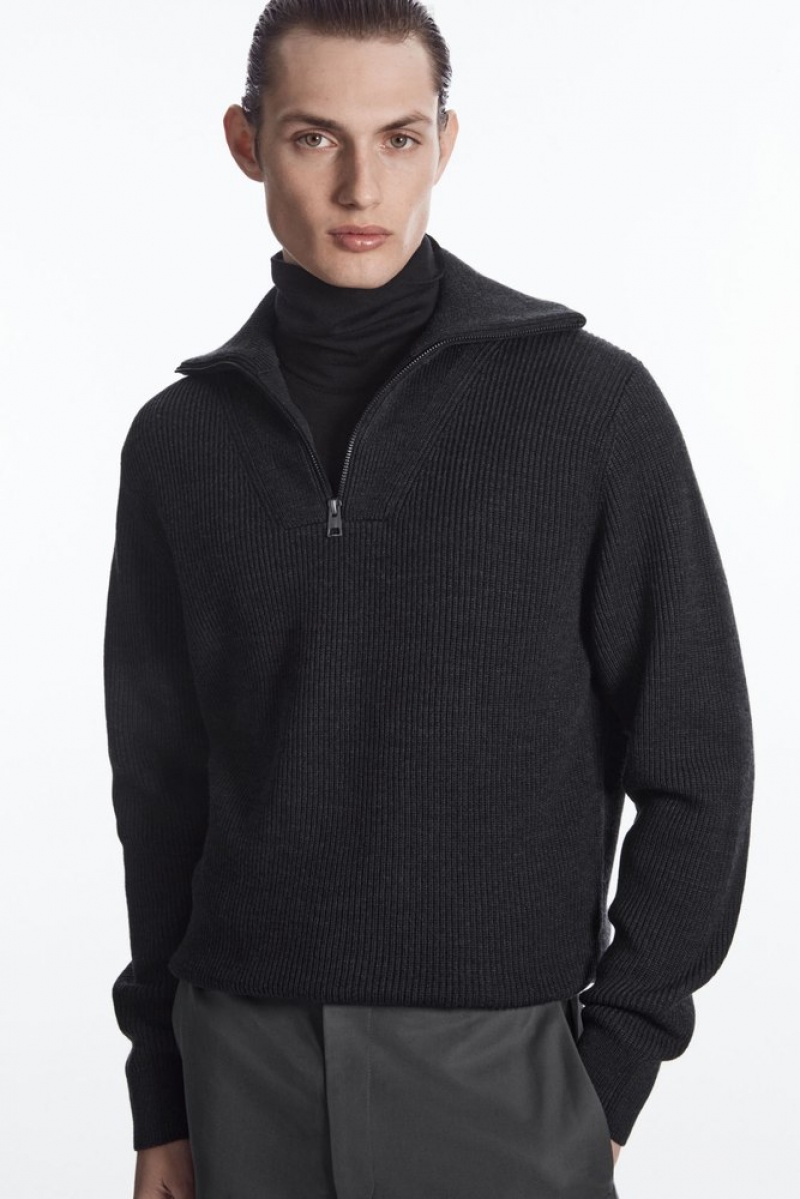 COS Wool And Cotton-Blend Half-Zip Sweater Men's Sweaters & Cardigans Navy | IJ62-U8UY