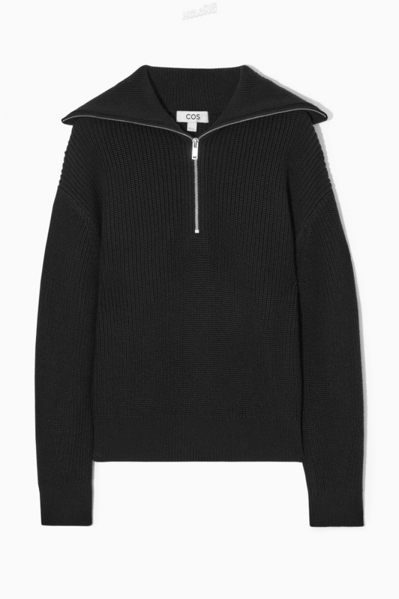 COS Wool And Cotton Half-Zip Jumper Women's Knitwear & Cardigans Black / White | AJ58-Q0PF 