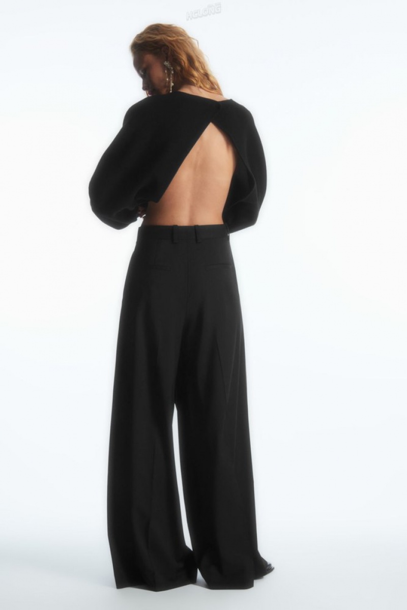 COS Wrap-Front Wide-Leg Wool Pants Women's Pants Black | SU50-T3IJ