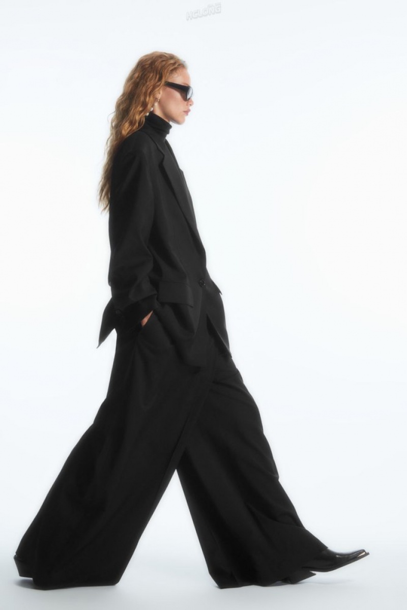 COS Wrap-Front Wide-Leg Wool Trousers Women's Trousers Black | WK74-A3KZ