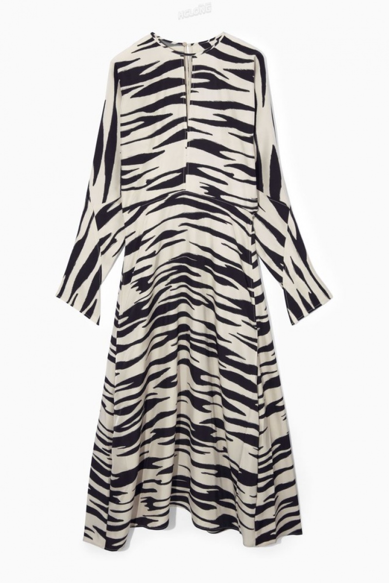 COS Zebra-Print Cutout Midi Dress Women's Dresses Off White / Zebra Print | IN25-R5FC