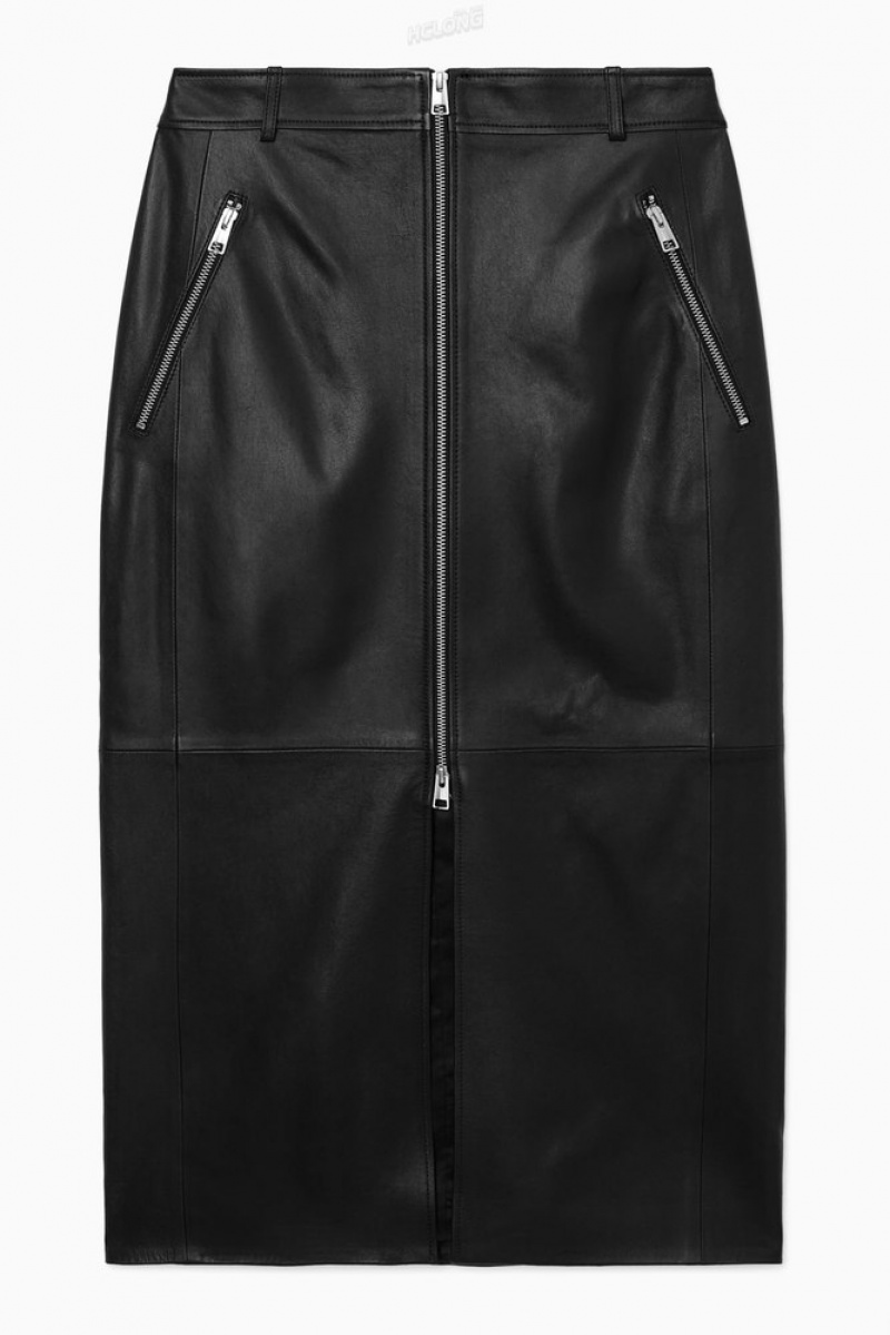 COS Zip-Up Leather Midi Skirt Women's Skirts Black | VM26-A2BA