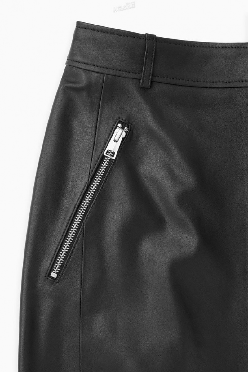 COS Zip-Up Leather Midi Skirt Women's Skirts Black | VM26-A2BA