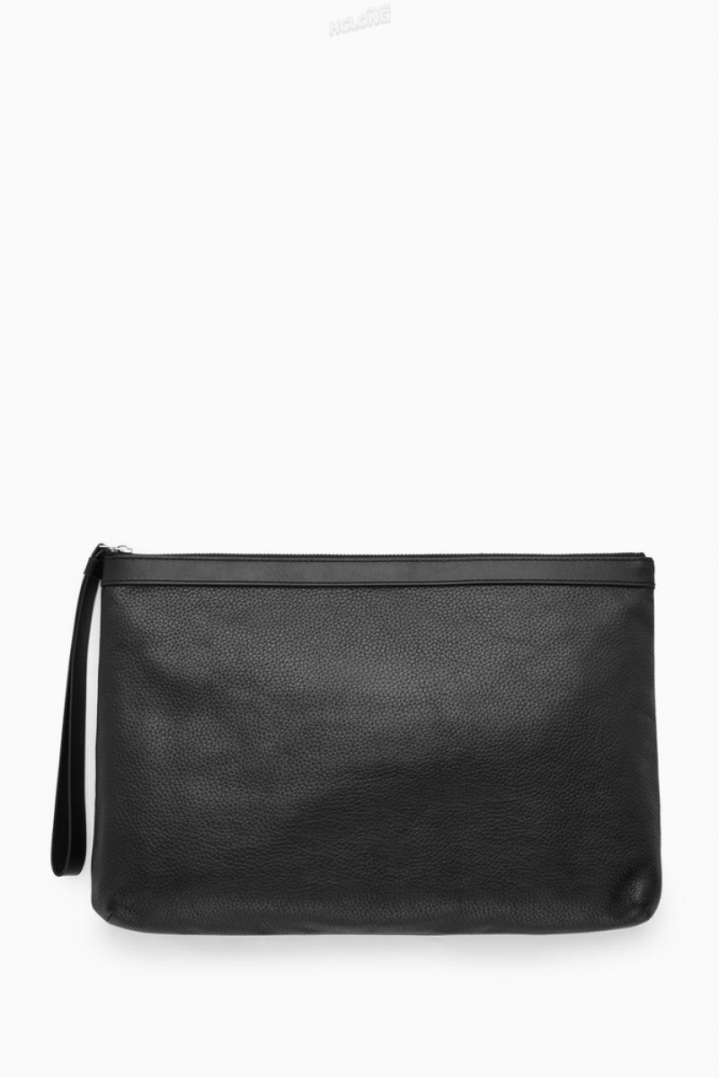 COS Zipped Folio Pouch - Grained Leather Men's Bags & Wallets Black | VN84-T0XY